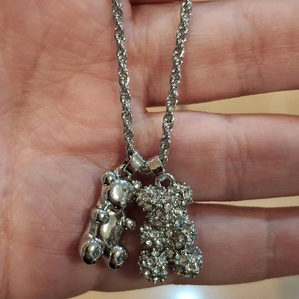 Silver Crystal Bear Pendant Necklace